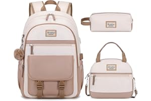 Bevalsa Backpack for Girls, School Backpacks for Girls, Kids Backpack with Lunch Box & Pencil Pouch for Teens Girl Kids Elementary Middle High School College Student Bookbag Daypack (Khaki Beige)