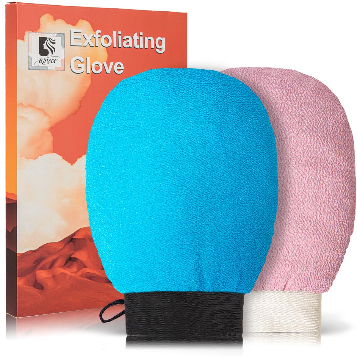 Exfoliating Glove Body Scrubber, Premium Exfoliating Mitt for Normal to Dry Skin, Body Exfoliator for Self-Tan Removal and Applicationin, Made of Viscose Fiber (Pink&Blue)