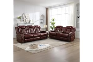 Caberryne Power Recliner Sofa Set with LED Lights,Leather Reclining Sofa and Loveseat Set with USB Port/Wireless Charger/Cup Holder,Living Room Furniture for House/Home Theater(2 Piece Set,Wine Red)