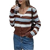 Milumia Women's Striped Knit Button Up Sweater Cardigan V Neck Long Sleeve Ribbed Y2k Crop Tops