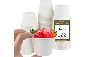 brheez 4 oz - Pack of 200 Disposable Bagasse Fiber Souffle Cups , 100% Natural Biodegradable & Compostable , Perfect for Condiments Small Portion & Samples Eco Friendly Paper Alternative - White
