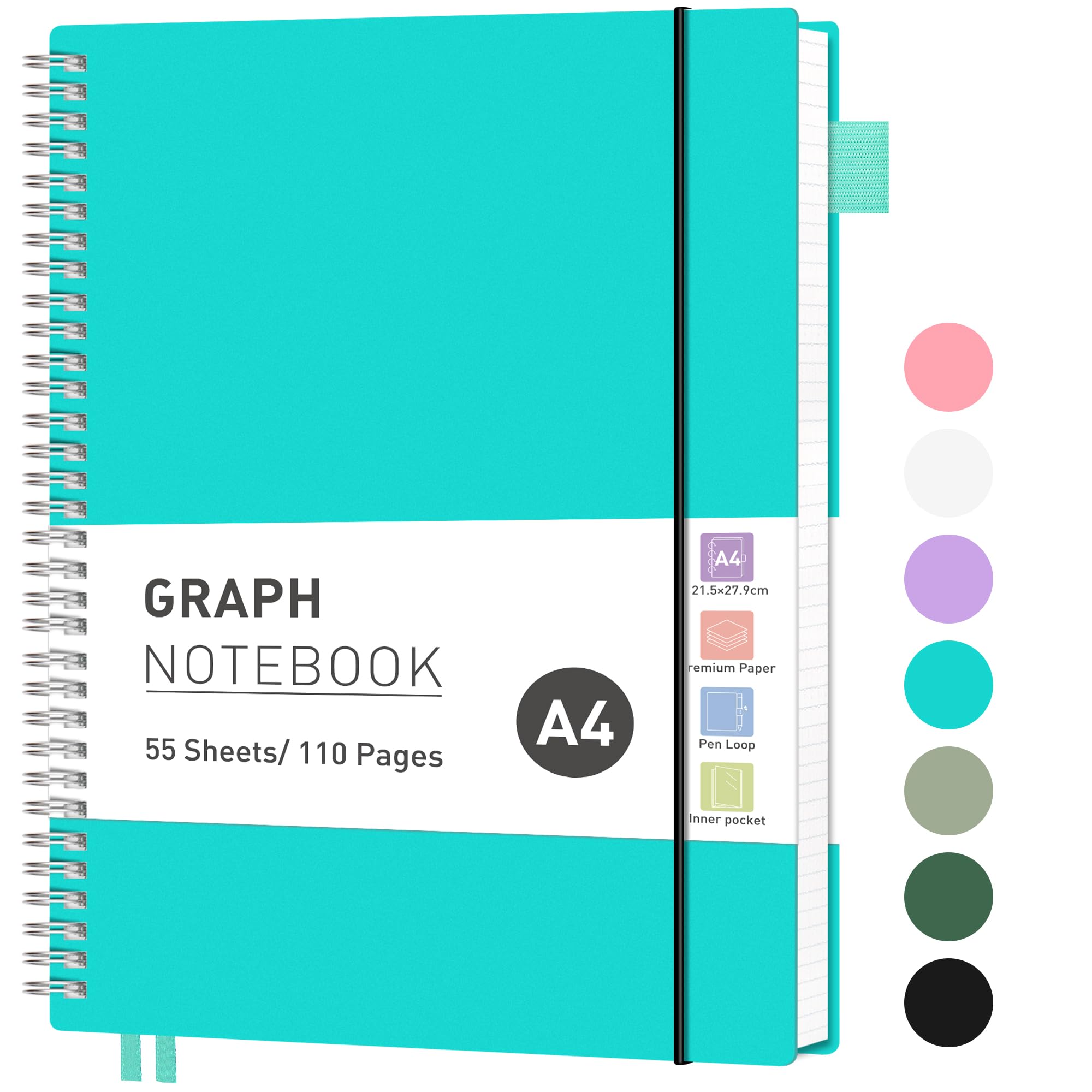 RETTACY Graph Grid Paper Notebook, 110 Pages, A4 Size (21.5 x 28 cm), 5mm per Square, 100 GSM Thick Paper, Flexible Plastic Cover, Spiral-bound, for School, Students, Math, Engineering (Turquoise)