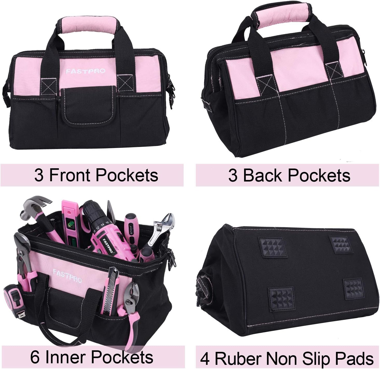 FASTPRO Pink Tool Set, 220-Piece Lady's Home Repairing Tool Kit with 12-Inch Wide Mouth Open Storage Tool Bag - - 