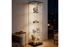 QIHAI Glass Display Cabinet with LED Lights and Lock, 4-Shelf Curio Cabinets with Door, Tempered Glass Collection Display Sho