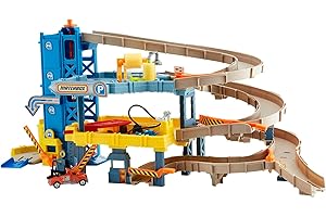 Matchbox Toy Cars Playset, 4-Level Garage & 1:64 Scale Tow Truck, Kid-Powered Elevator, Car Repair Station & Spiral Ramp