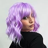 LINGHANG Purple Wig with Bangs Short Light Purple Wigs for Women, Lavender Purple Bob Wavy Wig Synthetic Cosplay Wigs for Party Halloween Party