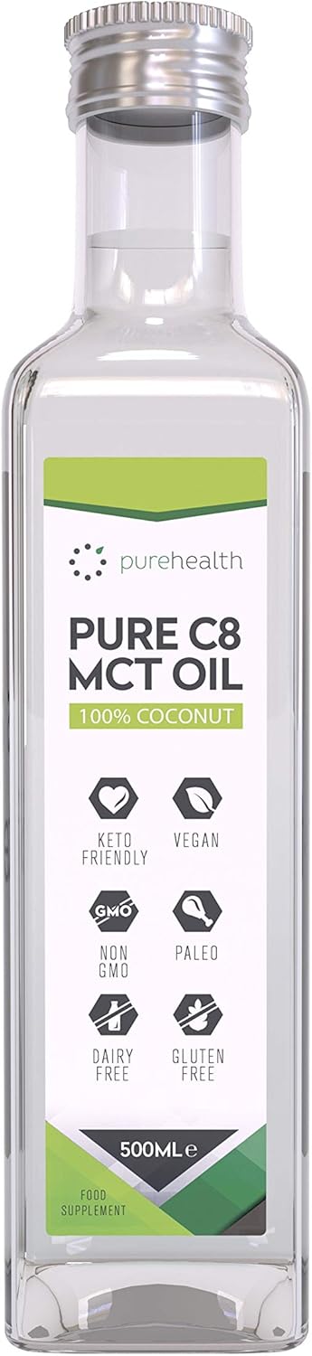 Pure Organic C8 MCT Oil Glass Bottle, Triple Steam Distilled, Premium 100% Coconut Zero Palm Oil