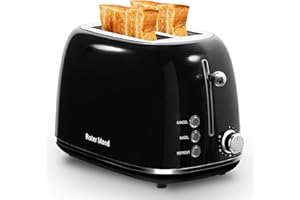 Roter Mond 2 Slice Toaster Retro Stainless Steel Toaster with Bagel, Cancel, Defrost Function and 6 Bread Shade Settings Bread Toaster, Extra Wide Slot and Removable Crumb Tray, Black
