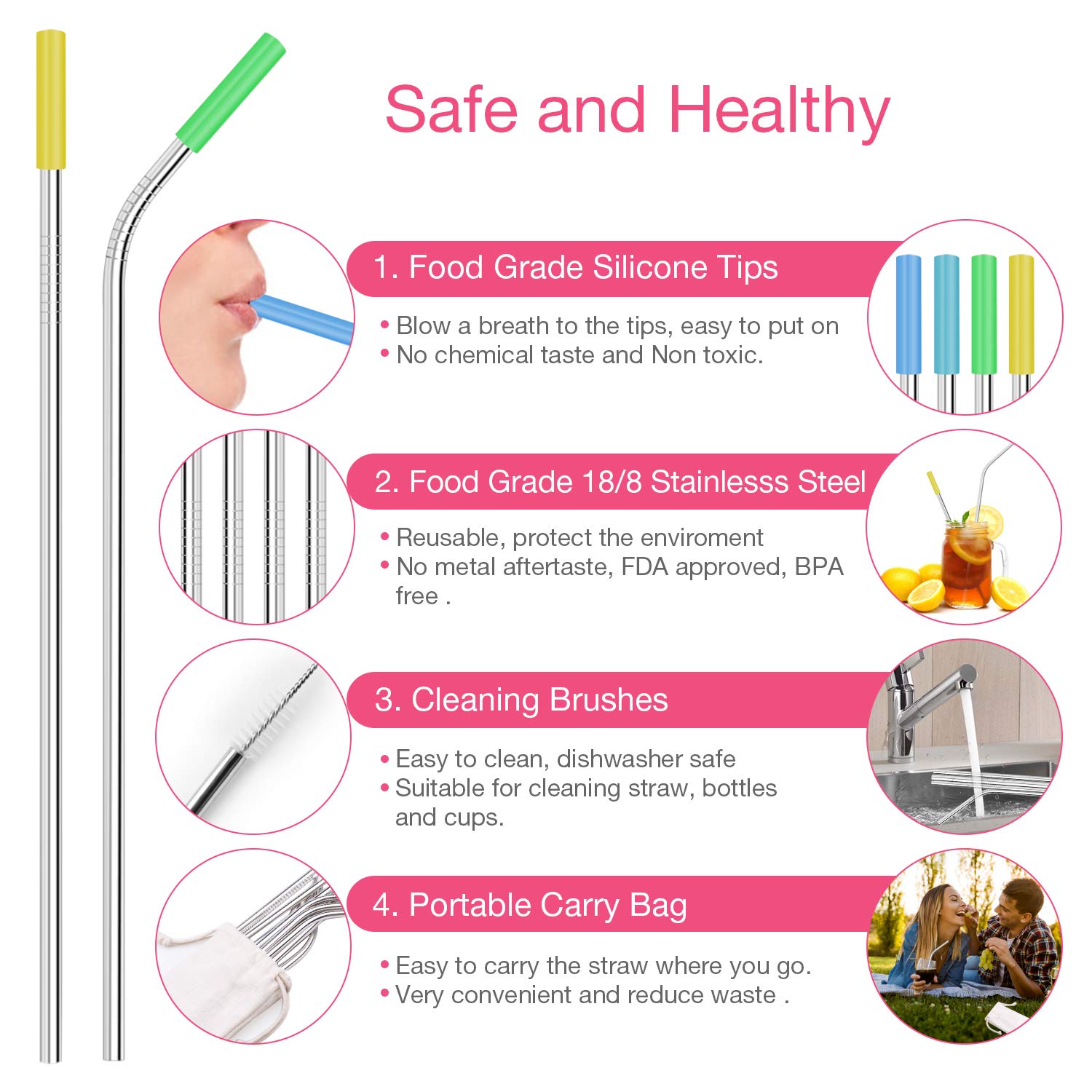 Stainless Steel Straws, GDREAMT Set of 14 Reusable Drinking Straws Ultra Long 10.5\