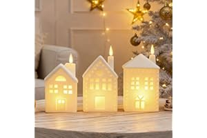 WDS WONDROUS Ceramic Christmas Village Set Whte Light Up, Set of 3 Christams House Flameless Candle LED, Xmas Villages House Set with Lights for Tabletop Winter Decor(Not Included Batteries)