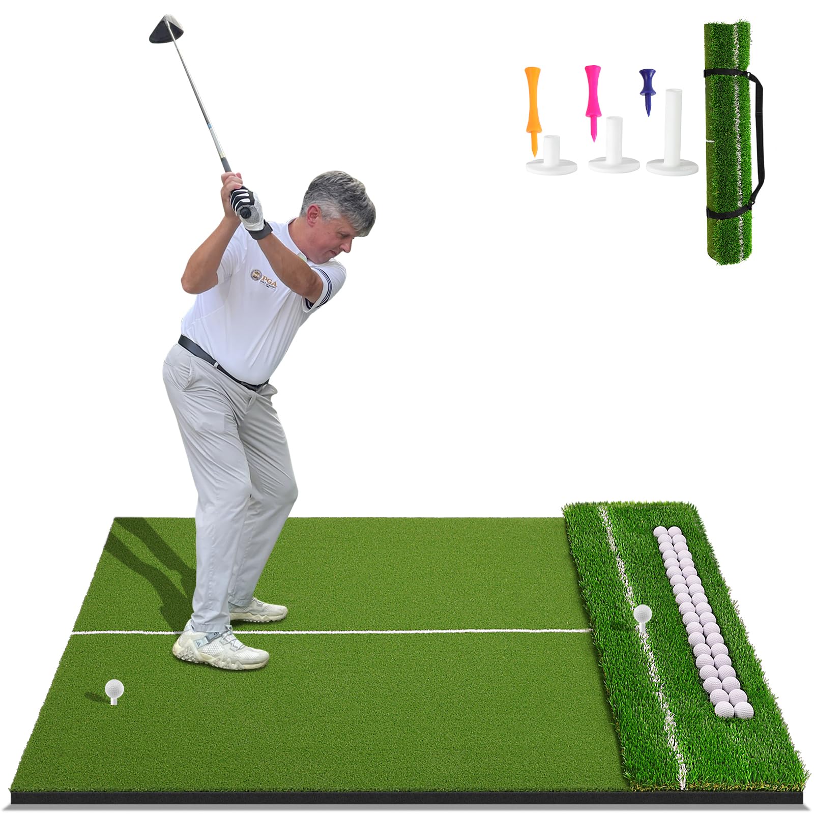 Photo 1 of KQUIXOTIC Dual-Turf 5x5ft Golf Hitting Mat, Built-in Ball Tray, Alignment Aid, Golf Mat Practice Outdoor & Indoor, Driving Chipping Putting in Backyard Garage Basement, Gift for Men Dad Golfer+