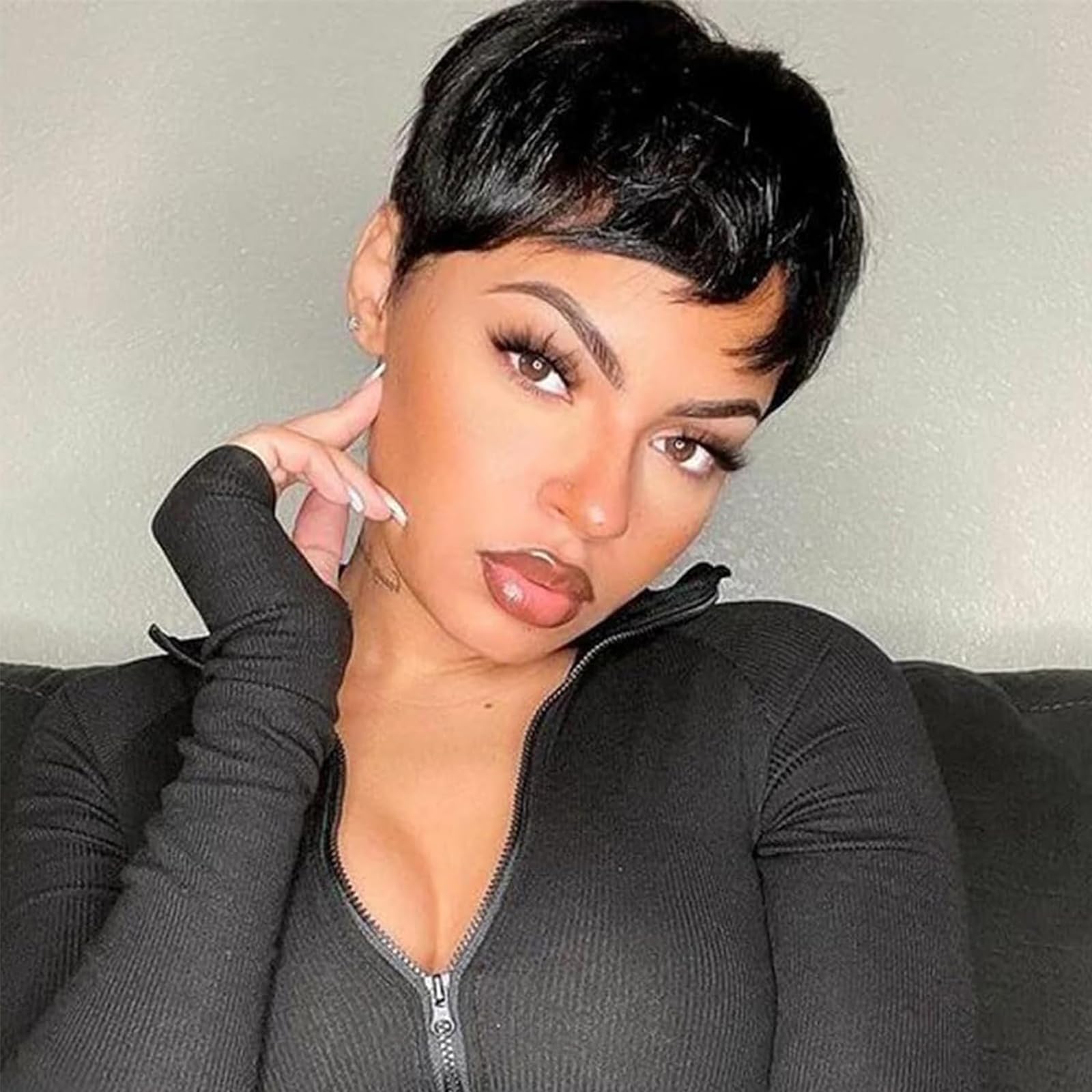 woojfcang Short Black Wigs with Bangs,Natural Pixie Cut Wig Glueless Headband Wig Synthetic Straight Hair Wig for Black Women Ladies,Daily Fancy Dress Accessories Costume Cosplay Halloween Party Use