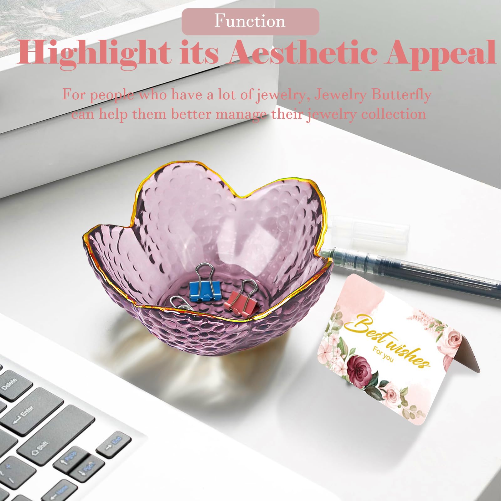 Purple Flower Jewelry Dish Glass Ring Dish Jewelry Tray Cute Vanity Organiser Room Decor Aesthetic Nightstand Bathroom Decor Trinket Dish Ring Holder Valentine's Friendship Birthday Gifts for Women