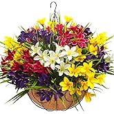 Grunyia Artificial Outdoor Flowers, 12 Bundle Mixed Colors with Hanging Basket, UV Resistant Decorative Flowers for Porch, Patio, Yard