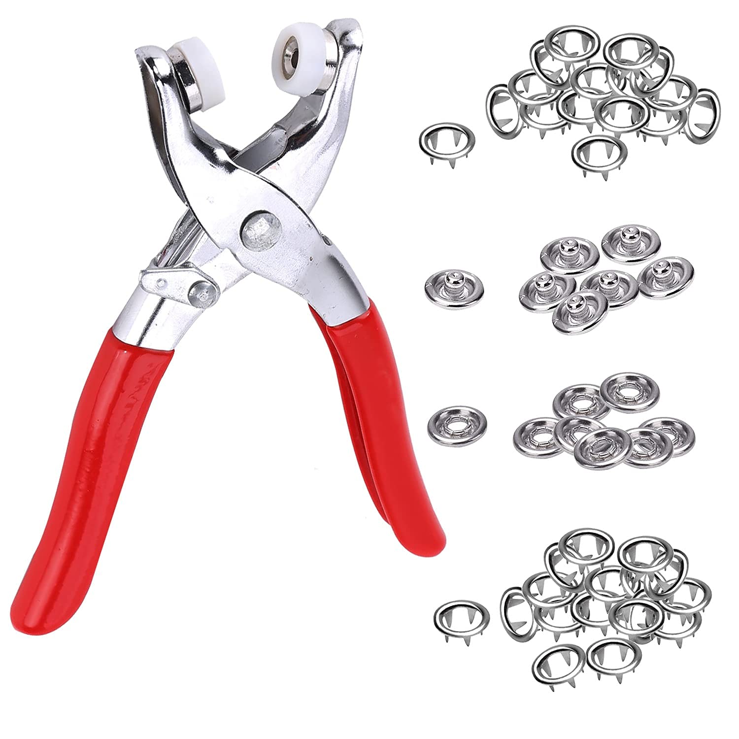 Trimming Shop Brass Silver Snap Poppers Fasteners Prong Ring Press Studs with Fixing Plier Tool for Babygrows, Bibs, Custom Clothing or DIY Craft Projects (11mm, 100pcs)