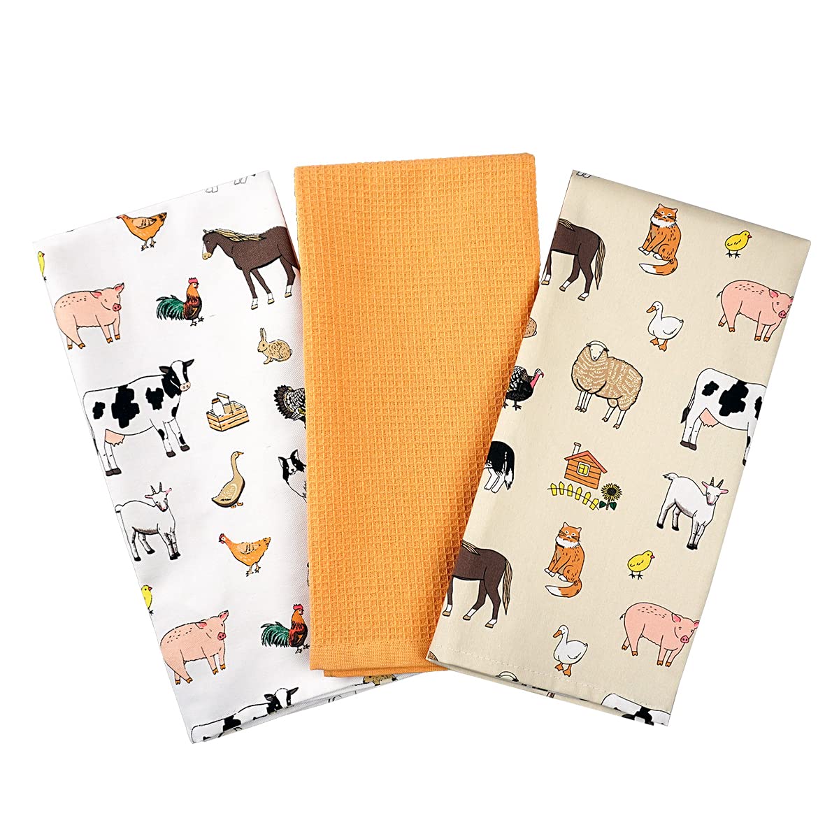 SiXsigma Sports Pack of 3 Tea Towels For Kitchen - Premium Cotton Decorative Kitchen Towel Linen for Cooking, BBQ, Baking & Dish Drying - Ideal For Women & Men (Farm Animals)