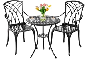Withniture Bistro Set 3 Piece Outdoor,Cast Aluminum Outdoor Bistro Set,All Weather Bistro Table and Chairs Set of 2 with 1.97" Umbrella Hole,Patio Bistro Sets for Garden(Woven Black)