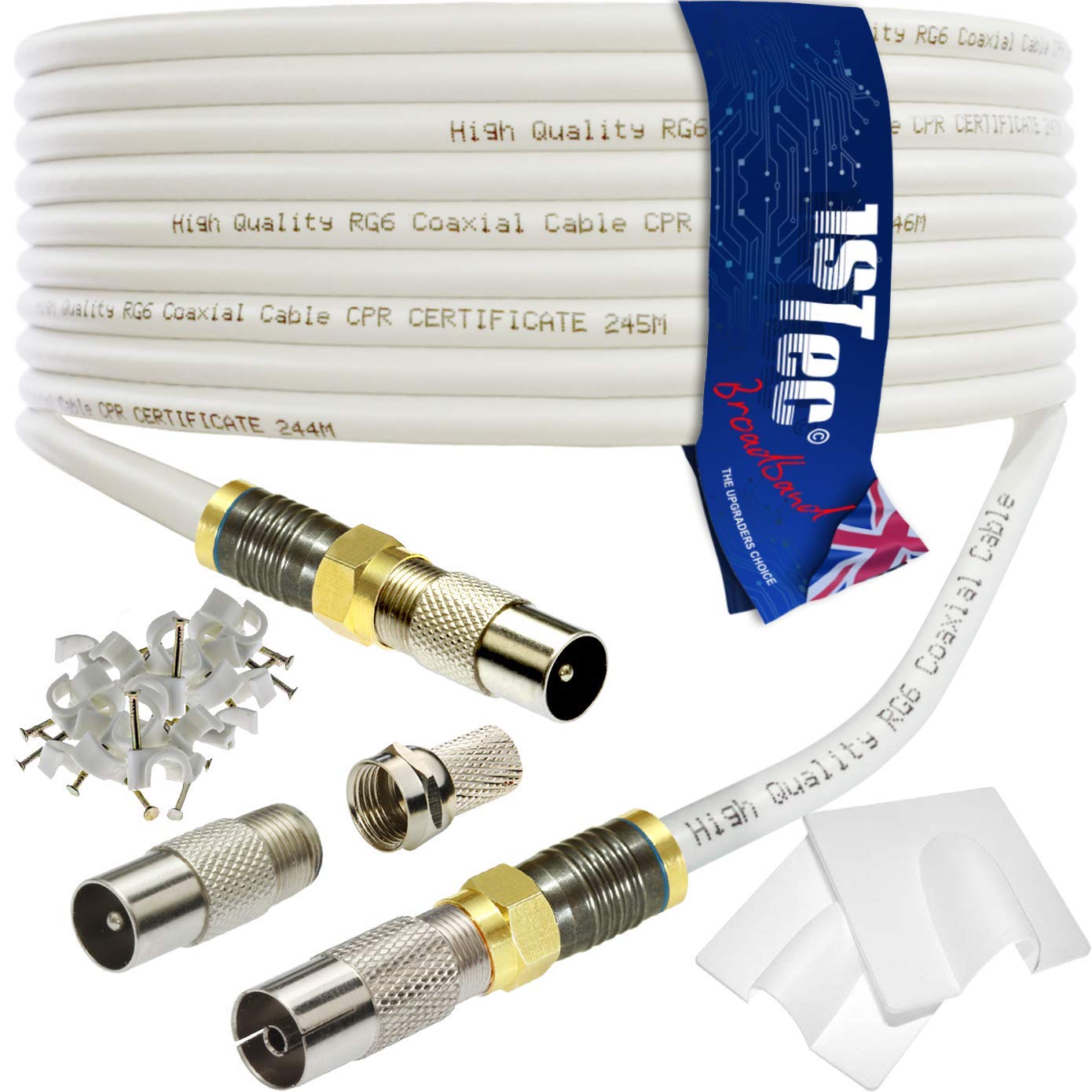 1STec 40m Self Install Digital TV Male to M/Female Gold Plated F-Connector Cable for FreeView HD Freesat BT YouView Satellite Dish or Rooftop Aerial to Wall Box Plug or Socket Lead (40 Metre, White)