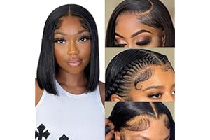 BANGS ON TARGET Bob Wig Human Hair, 13x4 HD Lace Front Wigs, 14Inch Glueless Transparent Lace Frontal Bob Wigs, Pre Plucked with Baby Hair, 180% Density 12A Brazilian Short Bob Wig for Women (Natural Color)