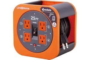 Link2Home Cord Reel 25 ft. Extension Cord 4 Power Outlets – 16 AWG SJT Cable.
