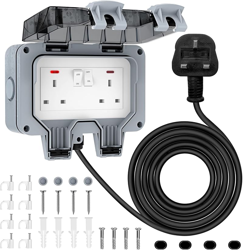 RICOKEY Weatherproof Outdoor Socket 2-Gang 3M Extension Lead IP66