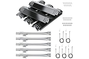 Hisencn Grill Replacement Parts for Nexgrill 5 Burner 720-0888, 720-0888N, 4 Burner 720-0830H 720-0830D Stainless Steel Burner Tube and Porcelain Heat Plates Shield Repair Kit for Nexgrill Grill Parts