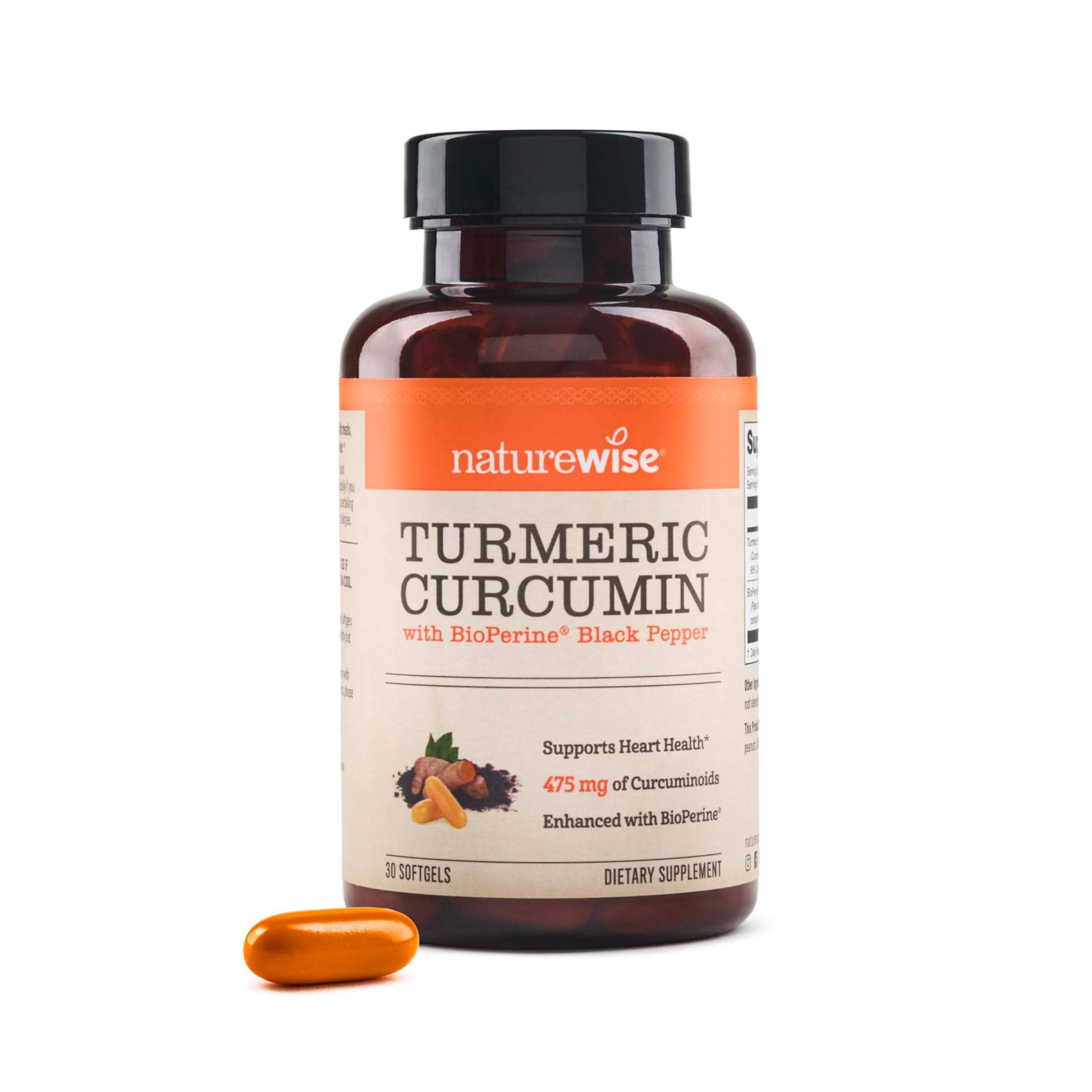 NatureWise Turmeric Curcumin 500mg with Black Pepper Softgels - Extra Strength, Enhanced Absorption - 95% Curcuminoids & BioPerine for Immune Support - Gluten-Free, Non-GMO - 30 Count[1-Month Supply]