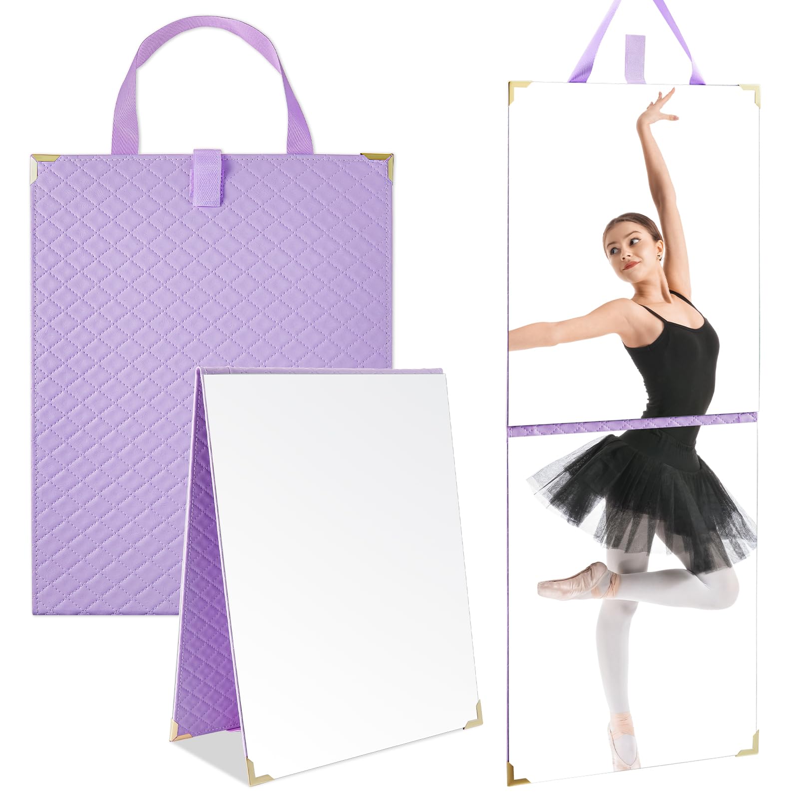 Photo 1 of Chunful Frameless Travel Hanging Mirror Leather Foldable Full Length Backstage Makeup Mirror with Handle for Travel Dance Competition Home Fitness Gift(Purple,33.07 x 12.99 Inches)