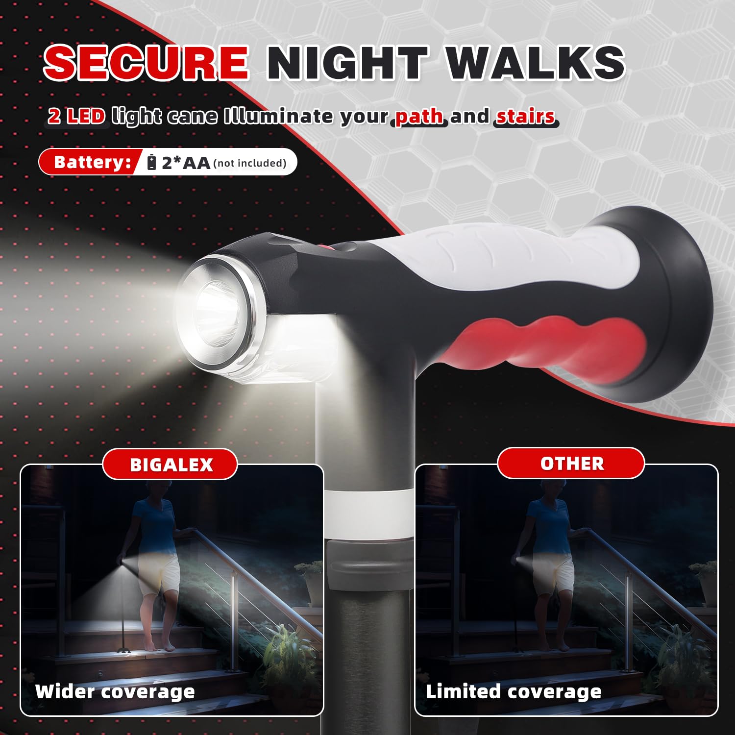BigAlex Folding Walking Cane with Two Led Lights for Elderly Solid Base Adjustable Walking Stick with Carrying Bag for Men Women