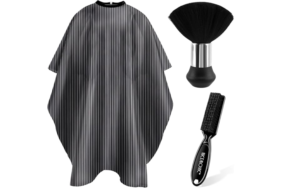 NICEMOVIC Hair Cutting Barber Cape for Men Women Kids with Neck Duster Brush and Barber Brush, Professional Barber Accessories Cleaning Supplies for Salon Haircut Styling (Black Stripe)