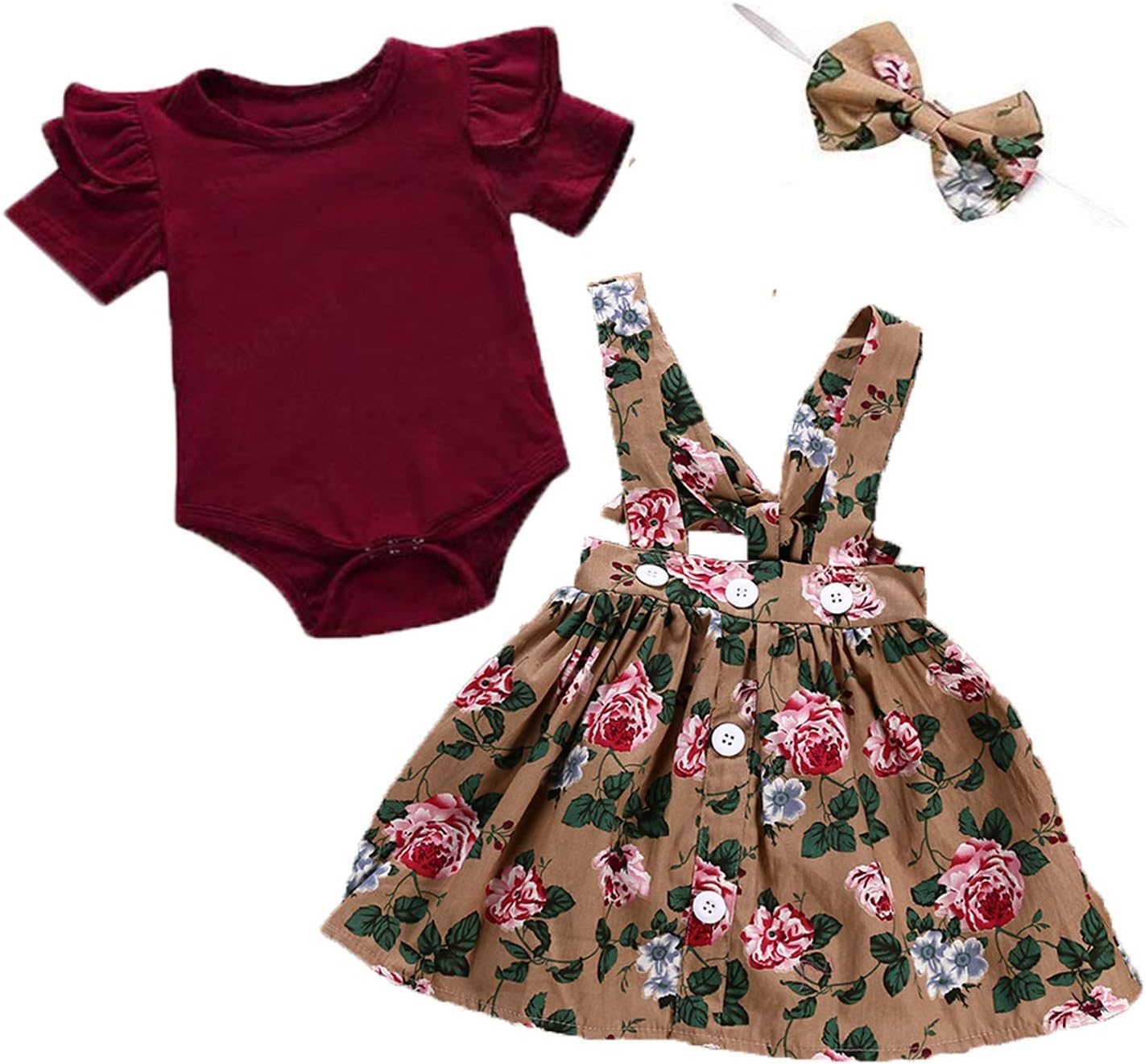 Baby Girl Clothes Short Sleeve Ruffle Romper Suspender Floral Skirt Outfit Set with Headband