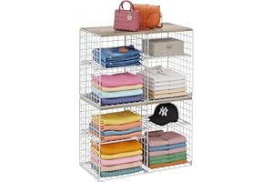 CIDAZIYA 2 Pack Closet Shelf Organizer, Closet Organizers and Storage Shelves With Adjustable Dividers, Stackable Storage Bins Baskets For Clothes Sweaters Jeans Jackets, With Wooden Board, 8 Compartments