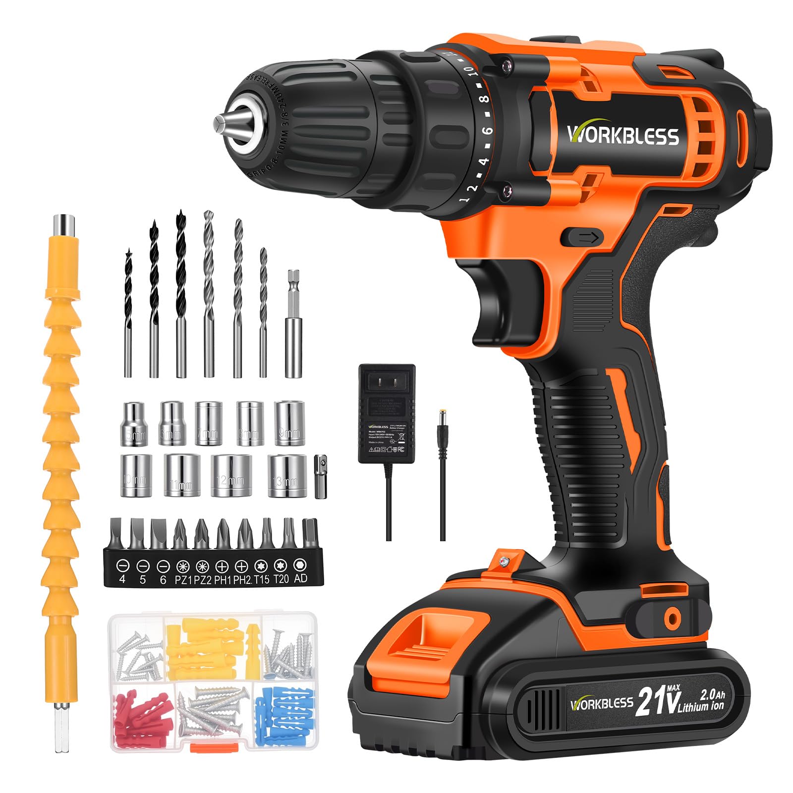 Photo 1 of WorkBless WORKBLESS 21V Power Drill Set, Cordless Drill with Battery and Charger, 3/8'' Keyless Chuck, Variable Speed, 18+1 Torque Setting and 28pcs Drilling/Driver Bits Tool Set(Orange)