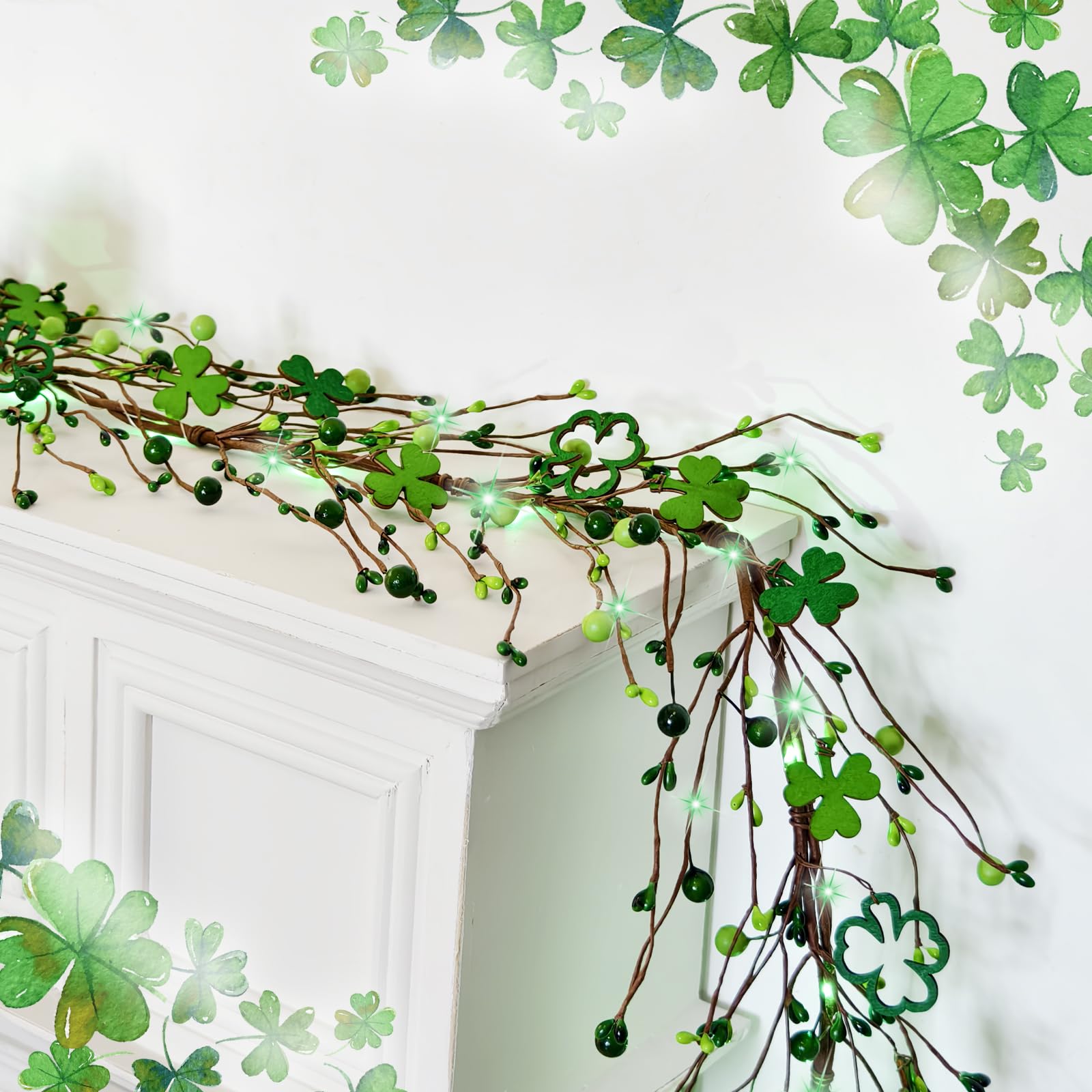Photo 1 of 1 Pcs St Patricks Day Garland 5ft, Shamrock Garland, St Patrick's Day with Green Light, St. Patrick's Day Decorations Saint Patricks Irish Decor for Table Mantle Indoor Home