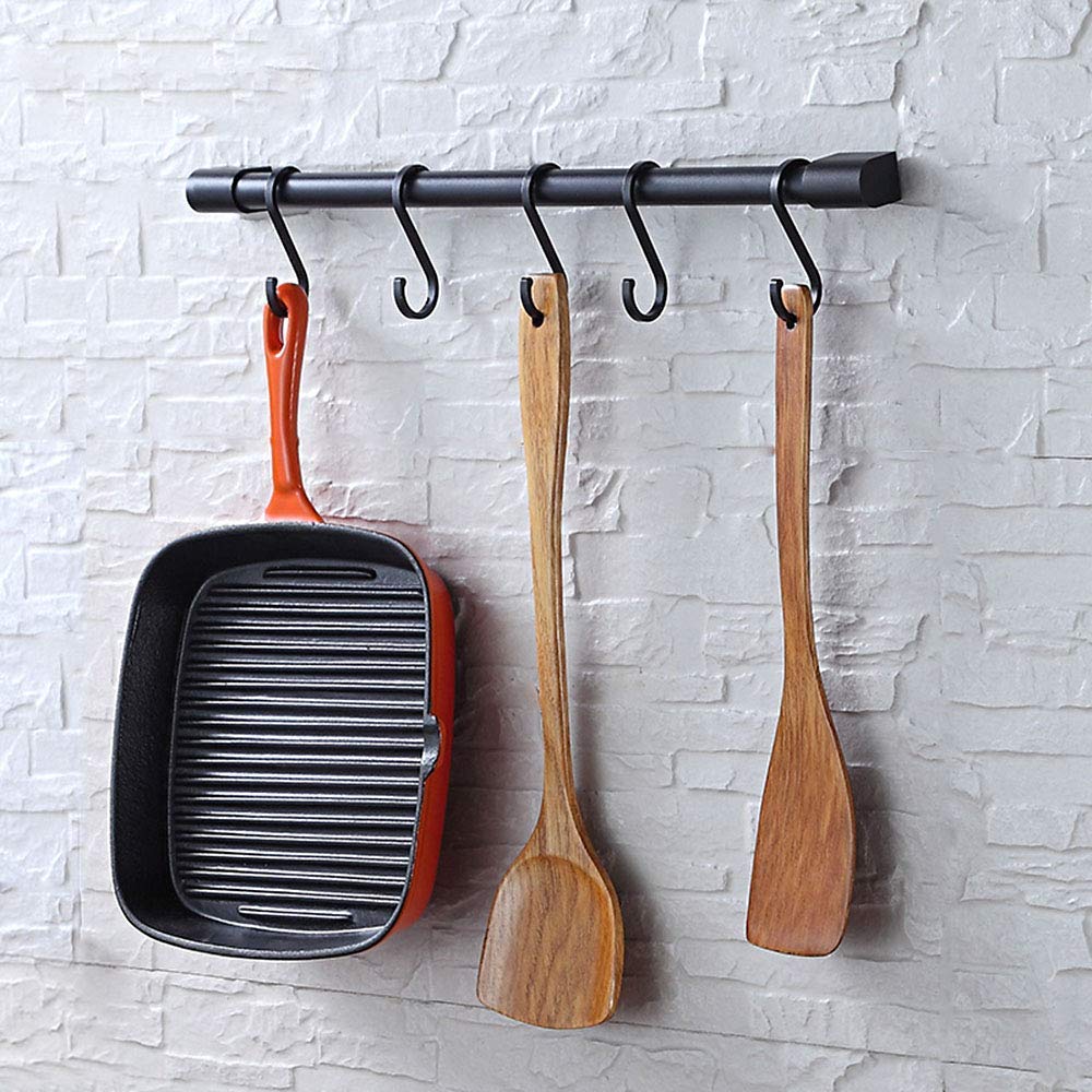 KAIYING Kitchen Utensil Rack with Removable S Hooks, Pot and Pan Hanging Rack, Rod Hooks for Mugs, Pot & Pan Racks, Wall Mounted Kitchen Utensil Rail Organizer, Aluminum,(Black-5 Hooks)