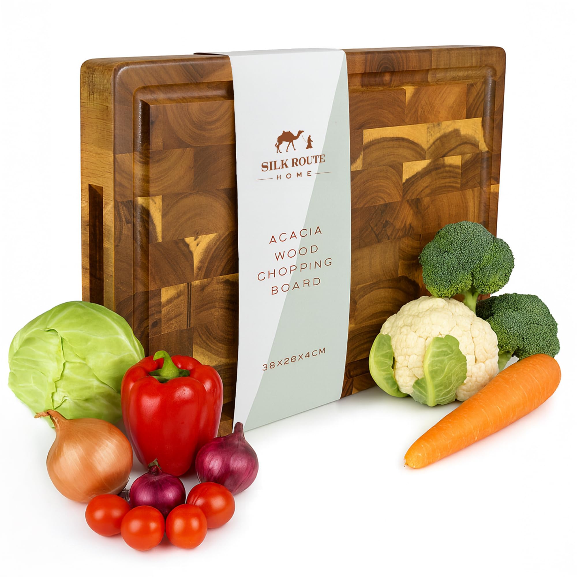 Silk Route Home Premium Acacia Butcher Block - 38 x 26 x 4 cm - Knife‑Friendly, Spill‑Guard Juice Groove & Finger‑Grooves - Heavy‑Duty Wood Chopping/Serving Board