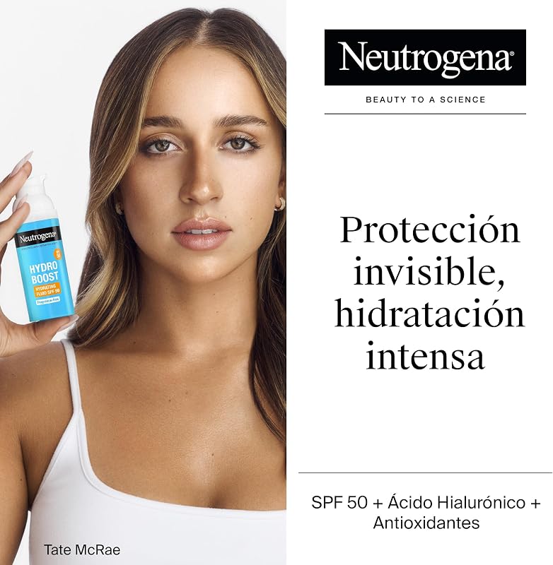 Neutrogena hydro boost fluido hidratante fps 50 (1 x 50 ml), hidratante facial fluido diário fps 50 com ácido hialurônico e 2% de niacinamida, proteção solar de amplo espectro