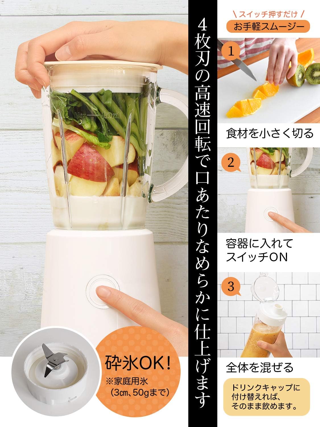 Amazon 19年新モデル ミキサー スムージー コンパクト ジューサー ブレンダー 氷も砕ける ドリンクキャップ付 離乳食 ボトル タンブラー 嚥下食 介護食 ブラック Dretec ホーム キッチン