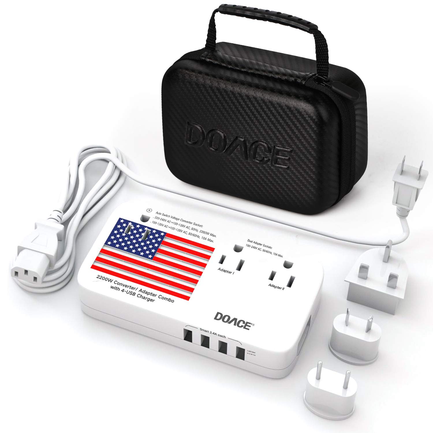 DOACE X11 2200W Travel Voltage Converter for Hair Dryer Straightener Curling Iron, 10A Travel Power Adapter with 6A 4-Port USB and UK/AU/EU/US Plug Wall Chargers for Cell Phone Camera Tablet Laptop