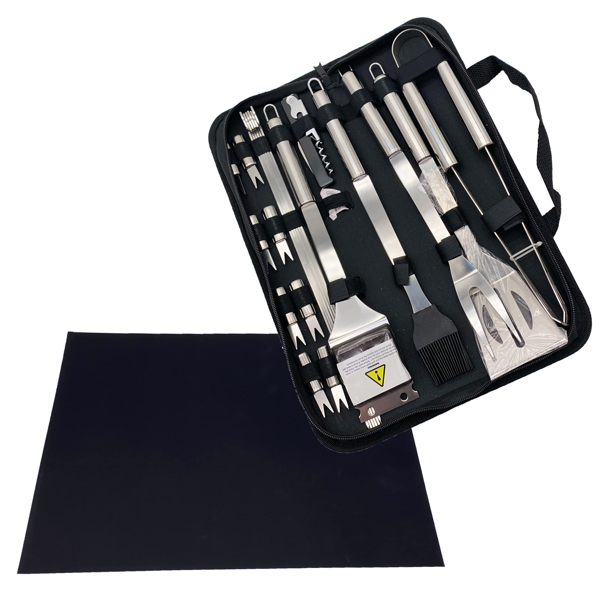 Masters & Burrell BBQ Grill Tool Set with Carry Case, Stainless Steel Barbecue Accessories with Storage Bag, Complete Premium Outdoor BBQ Utensil Set (BBQ Set with Grill Mat)