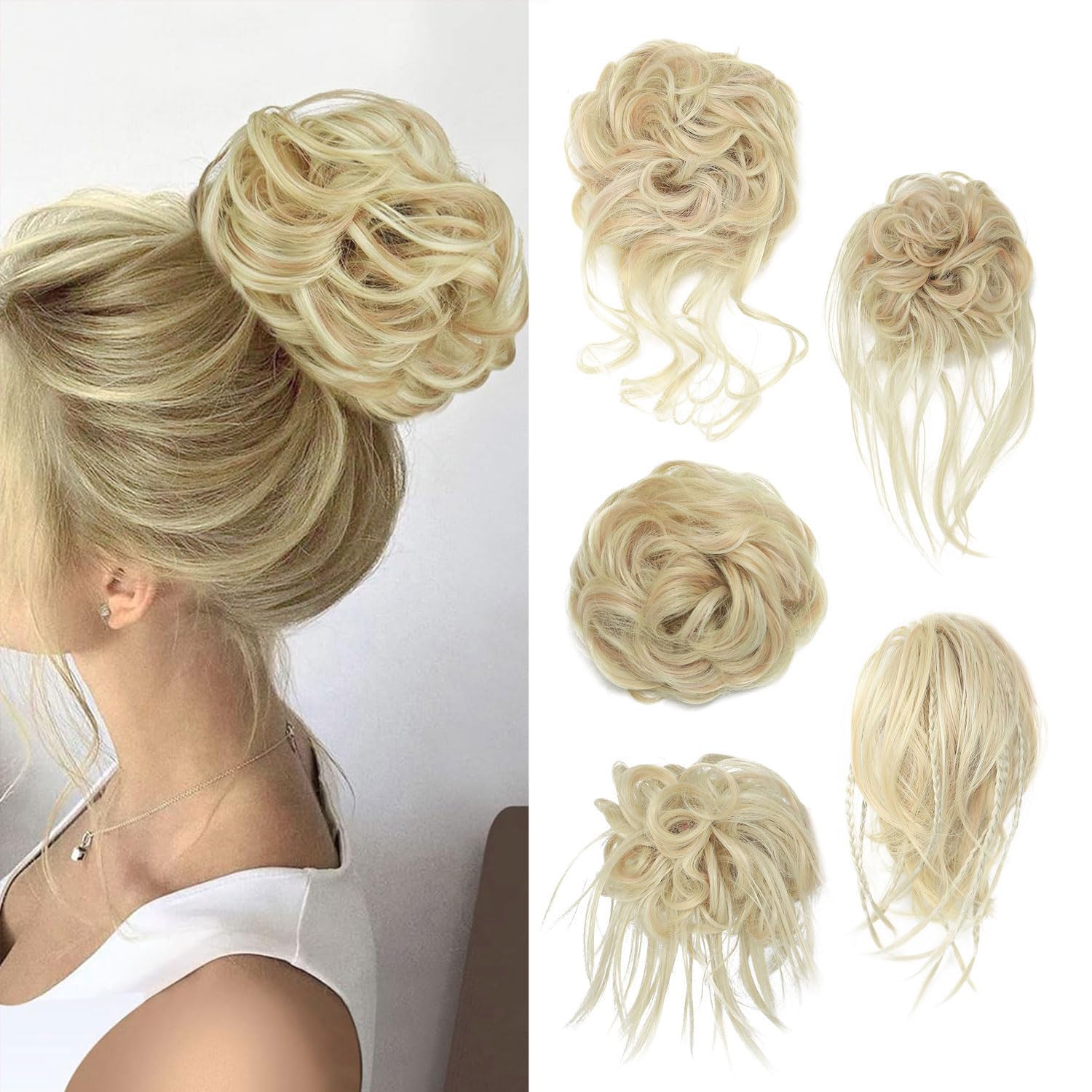 5 PCS Messy Bun Scrunchies Curly Wavy Messy Bun Hair Pieces for Women Hair Scrunchie HAIR Updo Accessories - Dark Blonde to Bleach Blonde