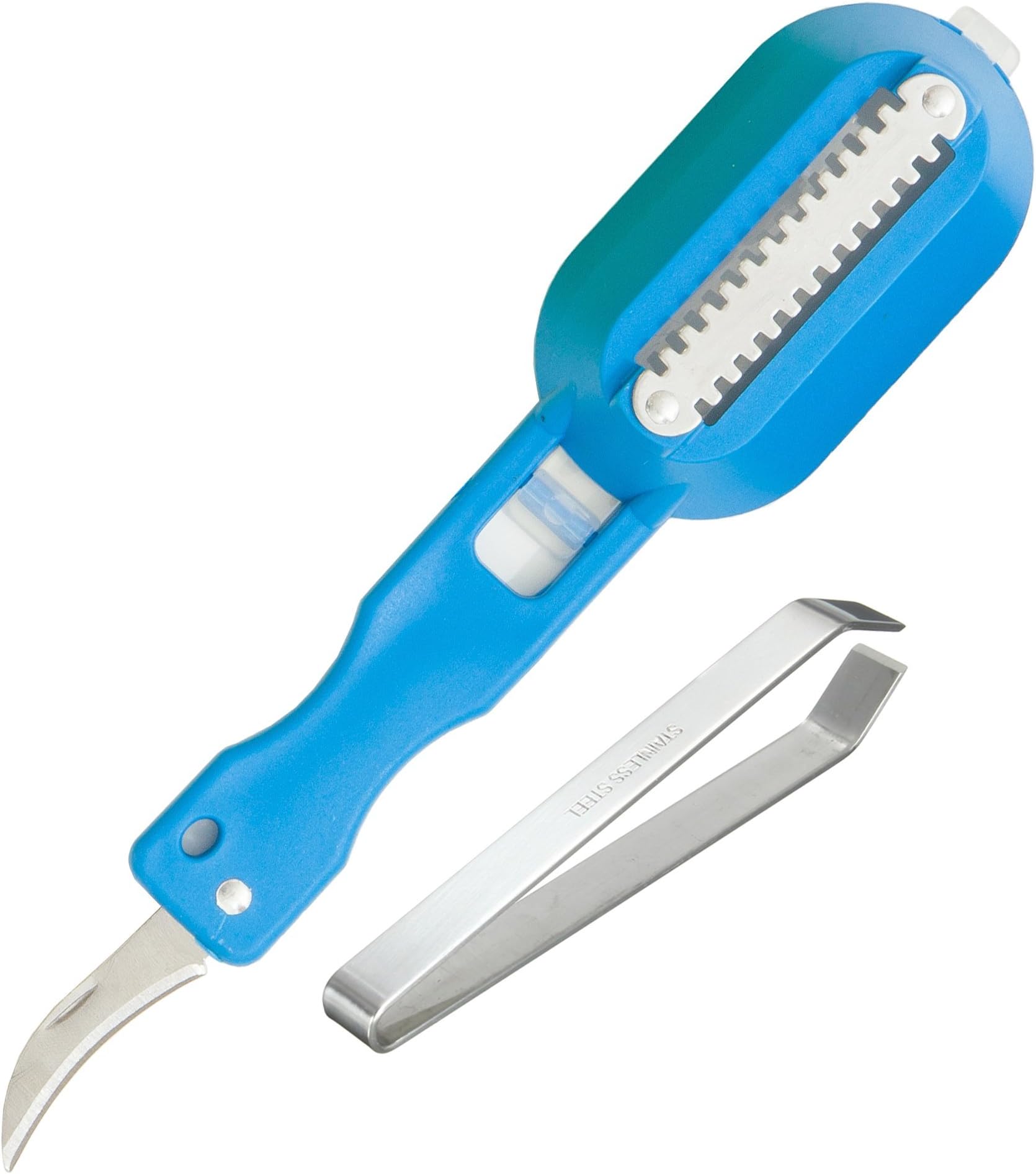 Ken Stainless Steel Fish Bone Remover Tweezers and Fish Scale Scraper with a no Mess Safety lid and a Multipurpose Cutting & Gutting Knife (Blue)