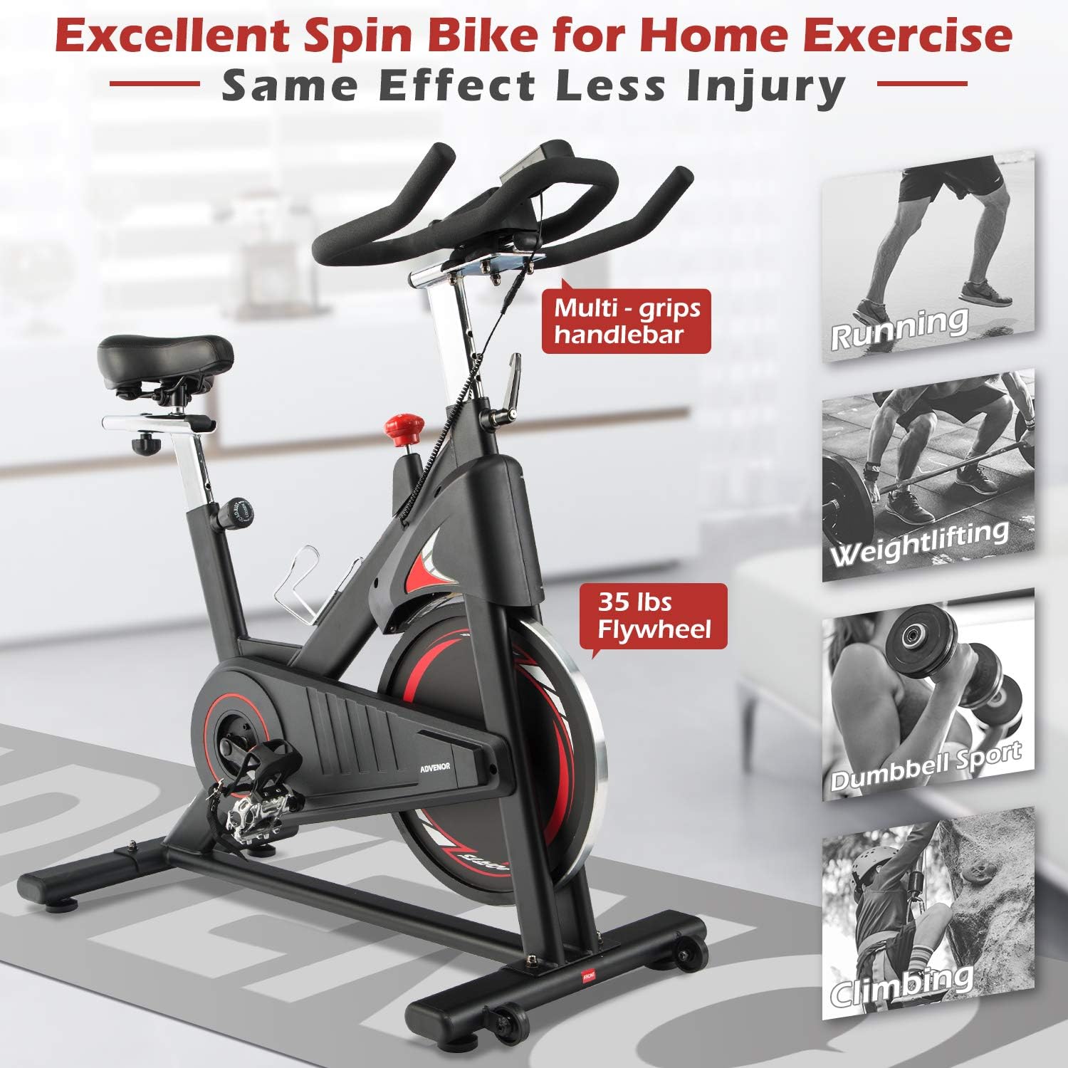 ADVENOR Magnetic Resistance Exercise Bike, Indoor Stationary Bikes for Home Workout, Quiet Belt Drive with LCD Monitor, Support up to 330 lbs, Flywheel 35 lbs (black&red) : Sports & Outdoors