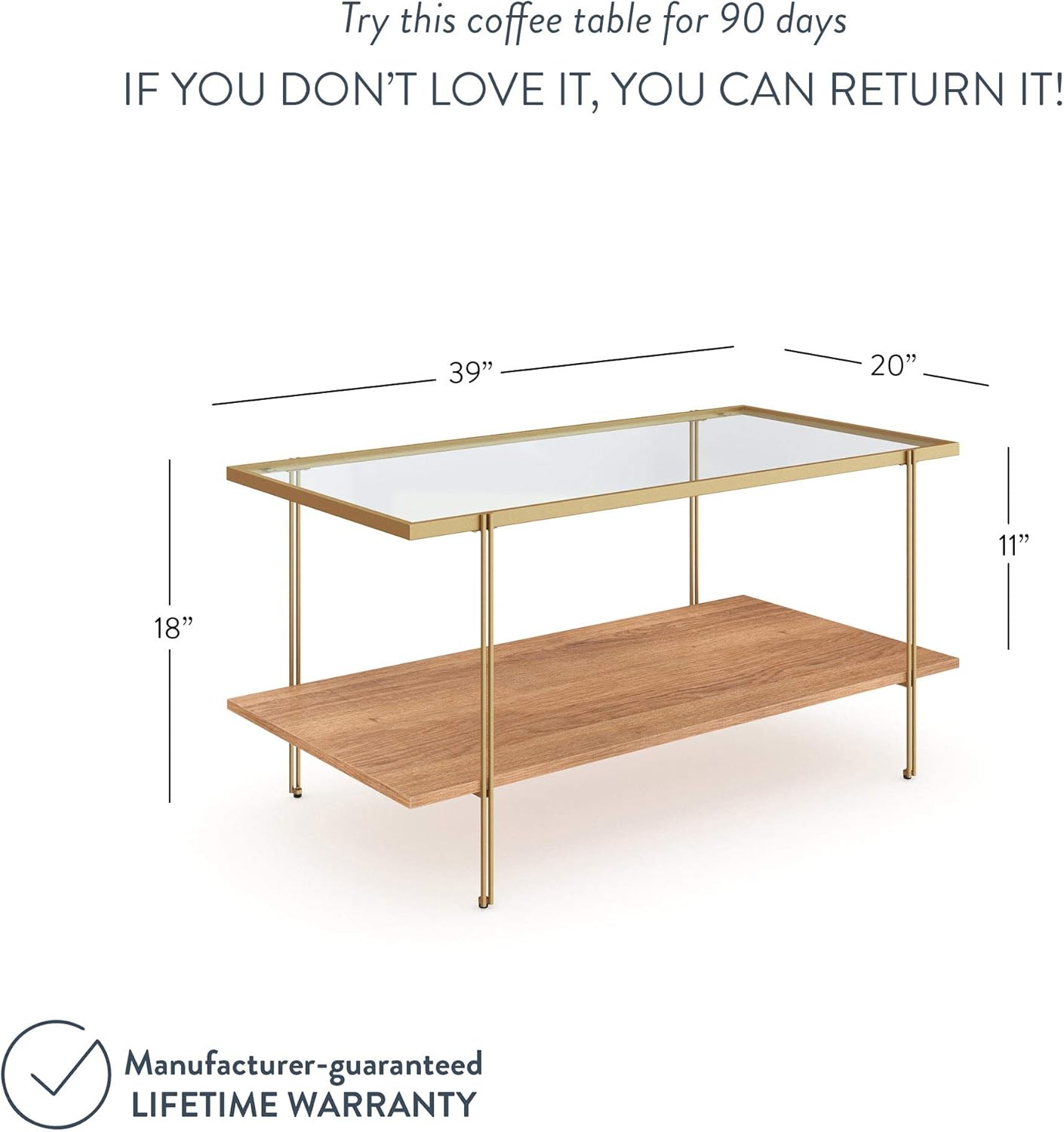 Nathan James Asher Mid-Century Rectangle Coffee Table Glass Top and Rustic Oak Storage Shelf with Sleek Brass Metal Legs, Gold: Furniture & Decor