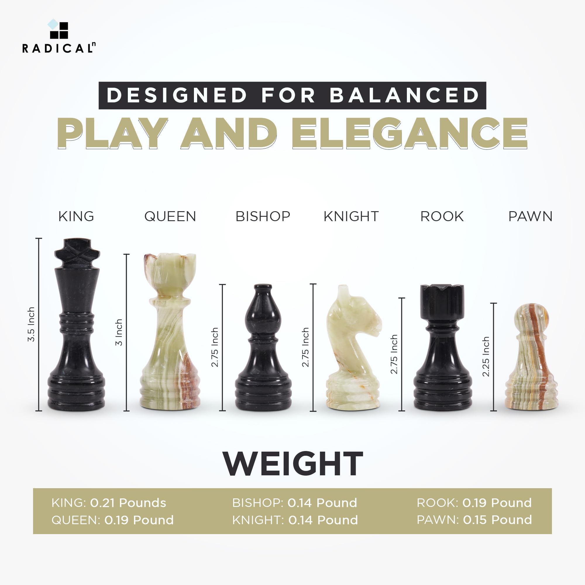 Radicaln Marble Chess Pieces Black & Multi Green 3.5 Inch King Figures Handmade 32 Chess Figures - Suitable for 16-20 Inch Chess Game - Board Games