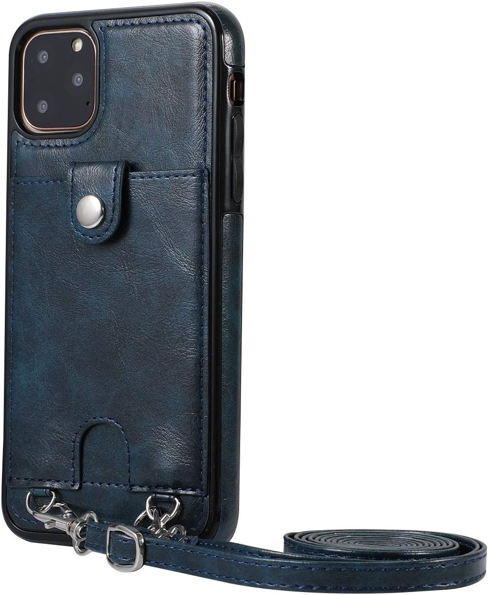 Cover for iPhone 11 Pro Max PU Wallet CaseCard Holder Slot Protect Crossbody Chain Strap 6.5inch (Navy)