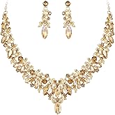 BriLove Gorgeous Wedding Jewelry Set for Women, Stunning Shiny Rhinestone Crystal Marquise Leaf Cluster Statement Necklace Dangle Drop Earrings for Wedding Party Prom Accessories