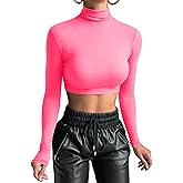 GEMBERA Women's Long Sleeve Turtleneck Crop Tops Fitted Basic T Shirt Top