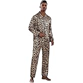 WDIRARA Men's Satin Leopard Lapel Neck Button Down Long Sleeve Top and Pants 2 Piece Pajama Set
