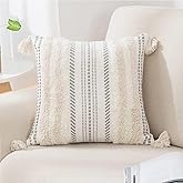 decorUhome Decorative Boho Throw Pillow Cover 18x18, Accent Neutral Textured Tufted Pillow Cover Striped for Couch Bed Sofa, Beige and Cream White, Pack of 1